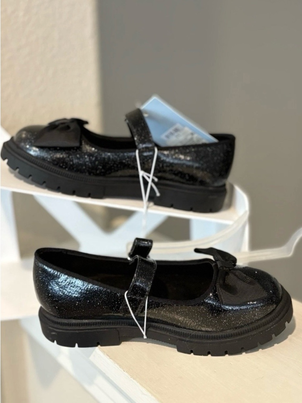 Cat & Jack Black Glitter Mary Jane Shoes with Bow Accent